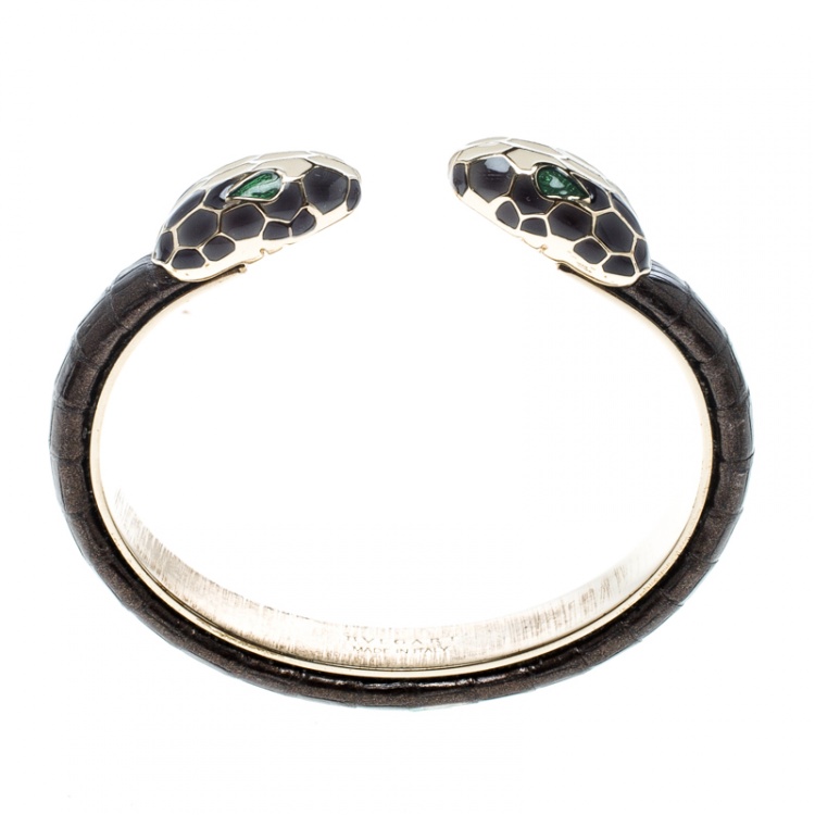 Pre Owned Bvlgari Serpenti Forever Enamel Leather Gold Tone Open Cuff Bracelet 