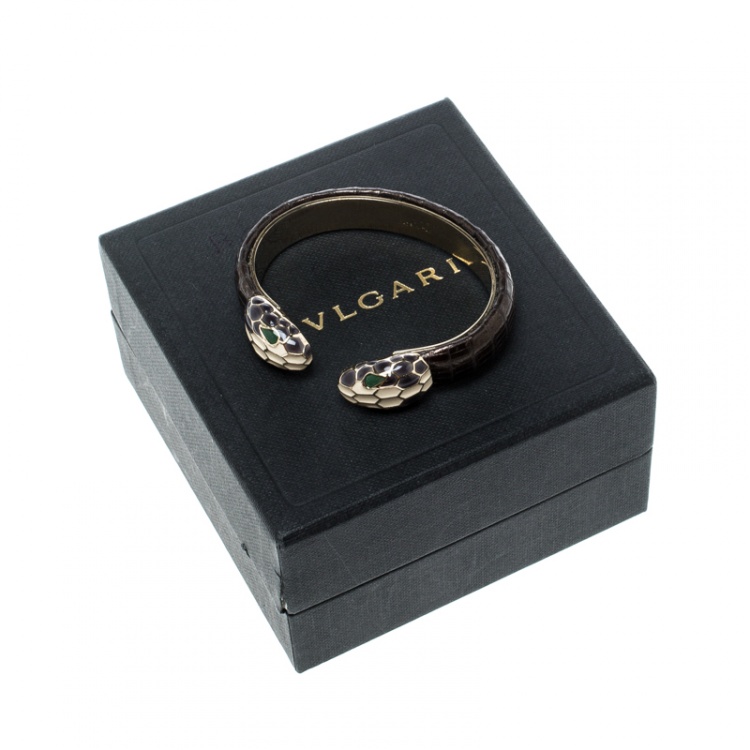 Pre Owned Bvlgari Serpenti Forever Enamel Leather Gold Tone Open Cuff Bracelet 