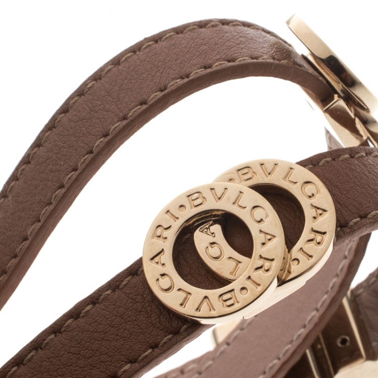 Pre Owned Bvlgari Brown Leather Gold Tone Double Coiled Wrap Bracelet