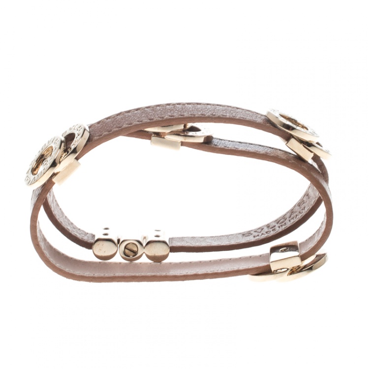 Pre Owned Bvlgari Brown Leather Gold Tone Double Coiled Wrap Bracelet