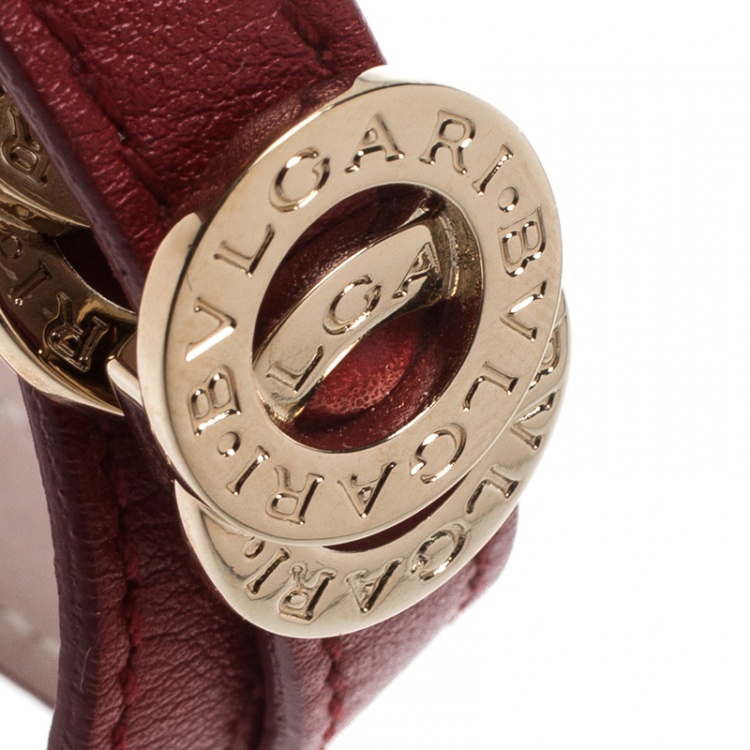 Pre Owned Bvlgari Red Leather Double Coiled Gold Plated Bracelet 