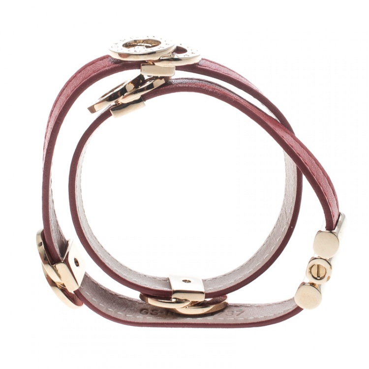 Pre Owned Bvlgari Red Leather Double Coiled Gold Plated Bracelet 