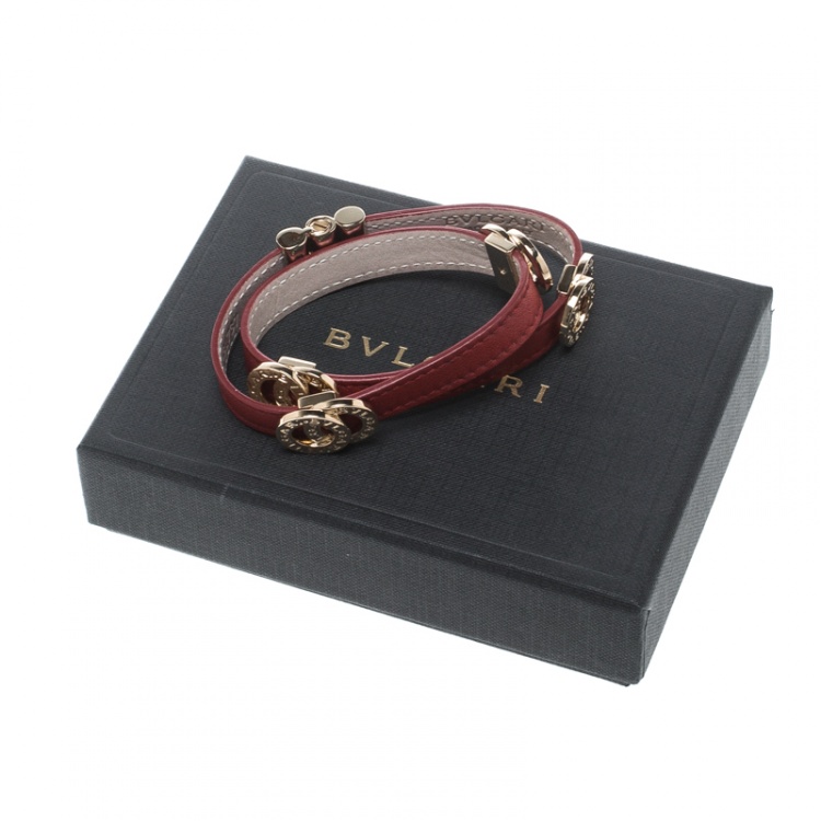 Pre Owned Bvlgari Red Leather Double Coiled Gold Plated Bracelet 