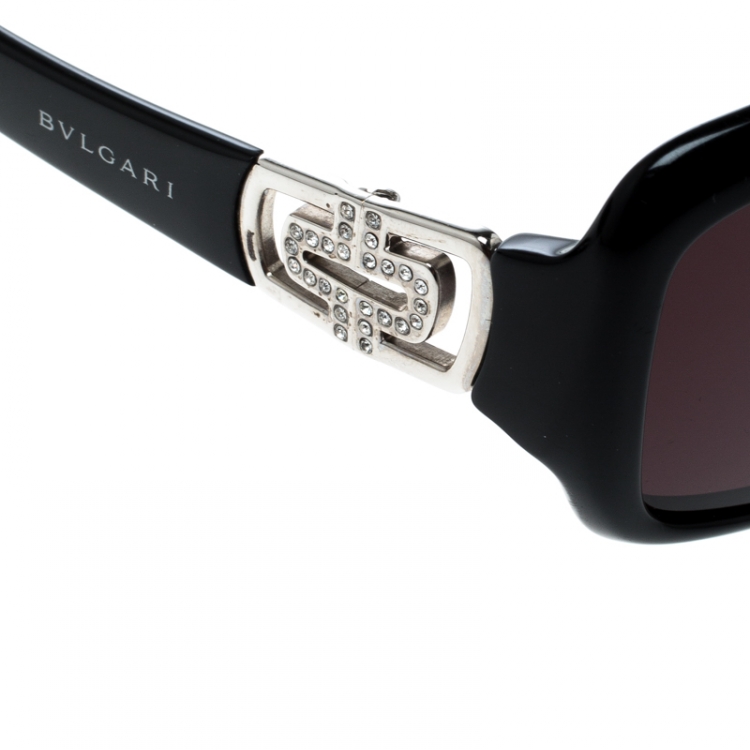 Pre Owned Bvlgari Black 8021-B Crystal Embellished Rectangular Sunglasses 