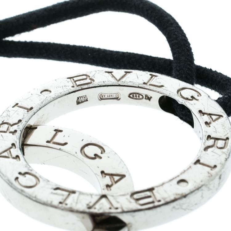 Pre Owned Bvlgari Fortuna Interlocking Circles Silver Black Cord Bracelet