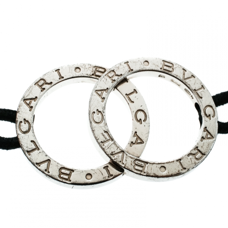 Pre Owned Bvlgari Fortuna Interlocking Circles Silver Black Cord Bracelet