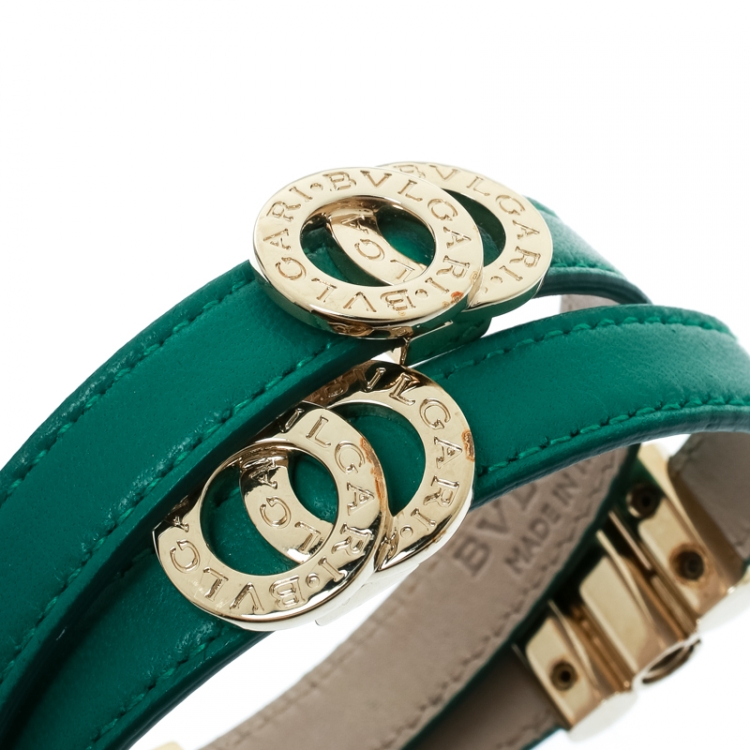Pre Owned Bvlgari Green Leather Gold Tone Double Wrap Bracelet 