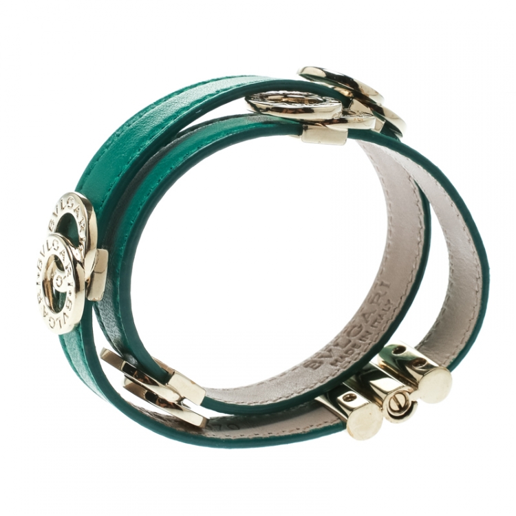 Pre Owned Bvlgari Green Leather Gold Tone Double Wrap Bracelet 