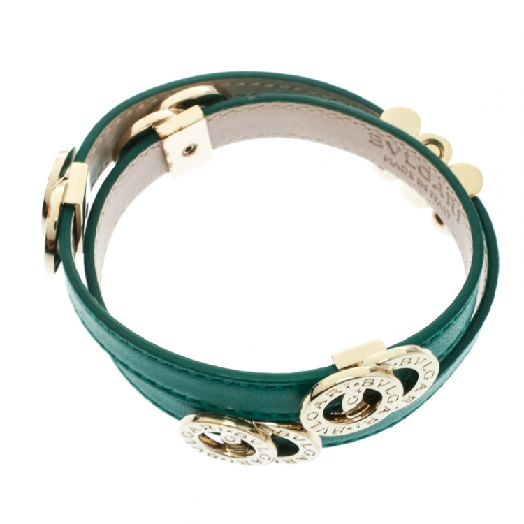 Pre Owned Bvlgari Green Leather Gold Tone Double Wrap Bracelet 