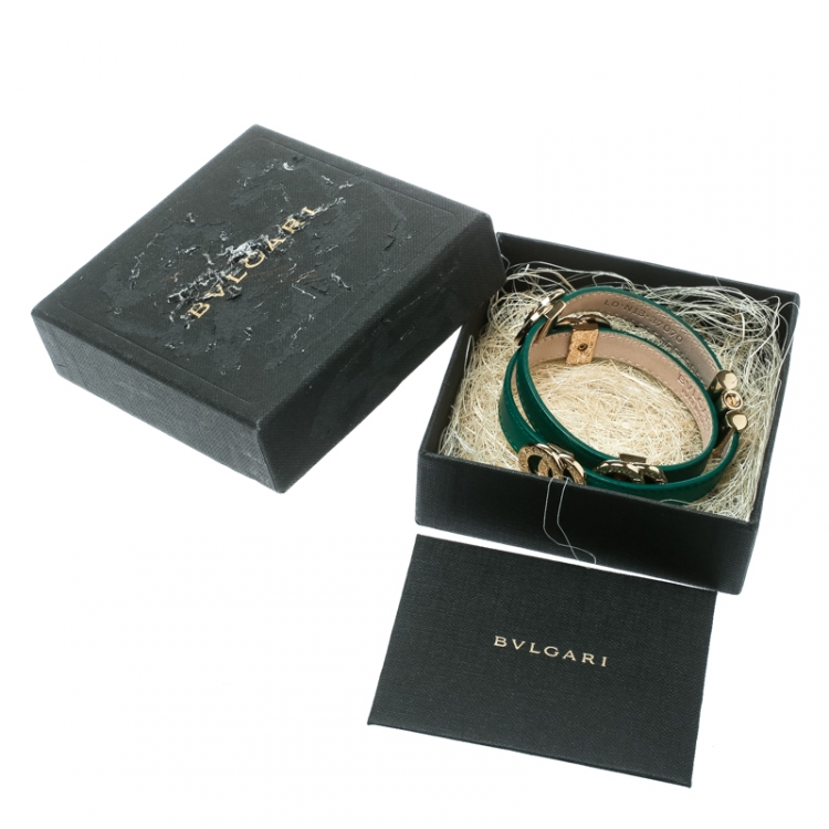 Pre Owned Bvlgari Green Leather Gold Tone Double Wrap Bracelet 