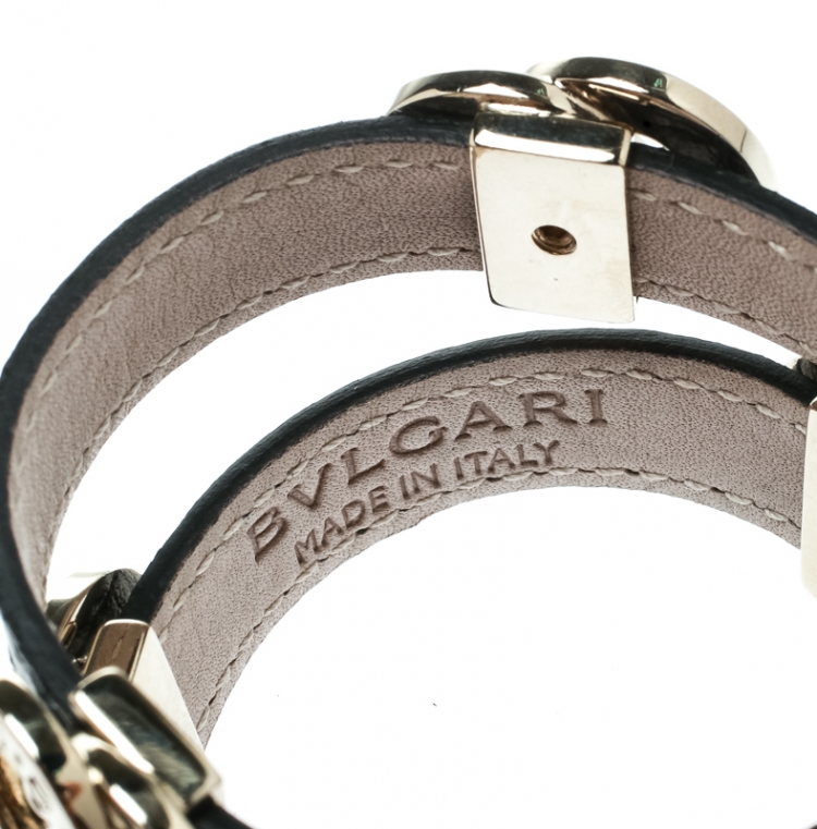 Pre Owned Bvlgari Black Leather Gold Tone Double Wrap Bracelet