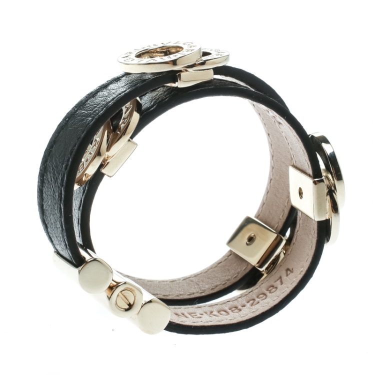 Pre Owned Bvlgari Black Leather Gold Tone Double Wrap Bracelet