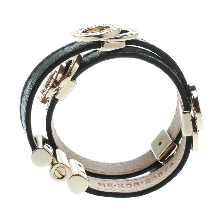 Pre Owned Bvlgari Black Leather Gold Tone Double Wrap Bracelet