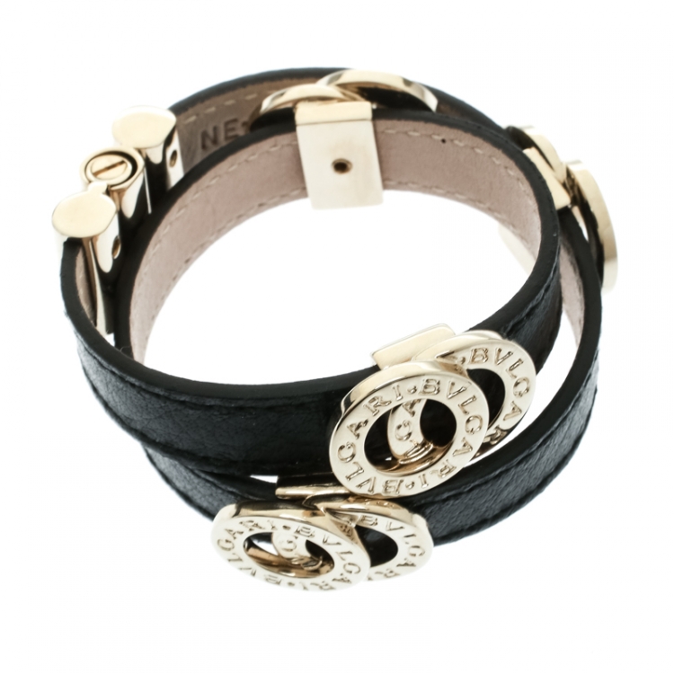 Pre Owned Bvlgari Black Leather Gold Tone Double Wrap Bracelet