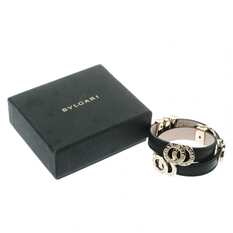 Pre Owned Bvlgari Black Leather Gold Tone Double Wrap Bracelet