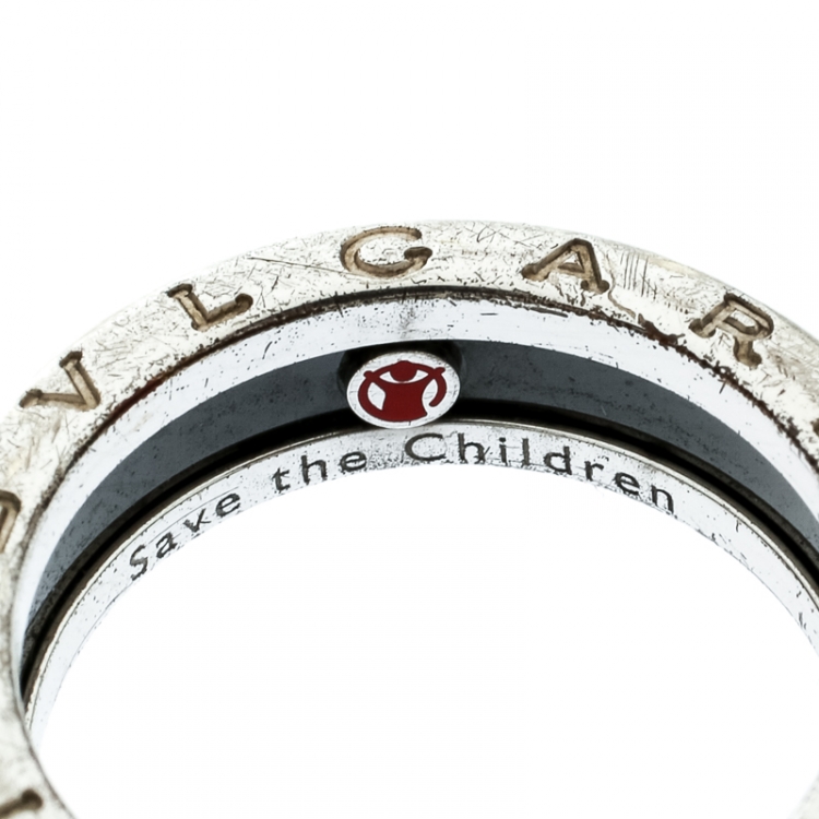 Pre Owned Bvlgari Save the Children 1-Band Black Ceramic Silver Ring Size 58