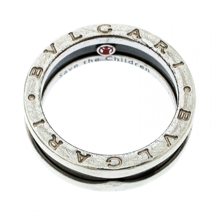 Pre Owned Bvlgari Save the Children 1-Band Black Ceramic Silver Ring Size 58