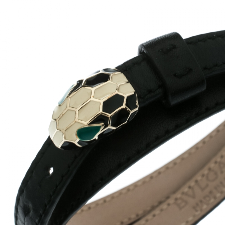 Pre Owned Bvlgari Serpenti Forever Black Enamel Double Coiled Leather Gold Plated Bracelet