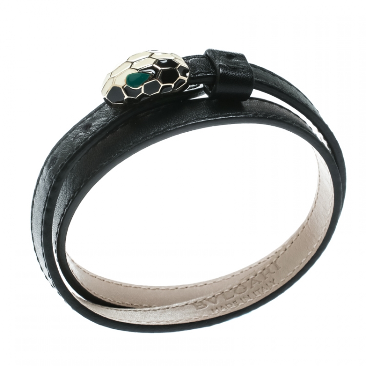 Pre Owned Bvlgari Serpenti Forever Black Enamel Double Coiled Leather Gold Plated Bracelet