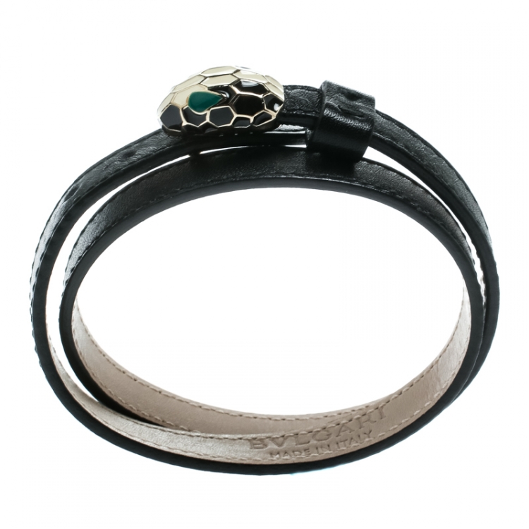 Pre Owned Bvlgari Serpenti Forever Black Enamel Double Coiled Leather Gold Plated Bracelet