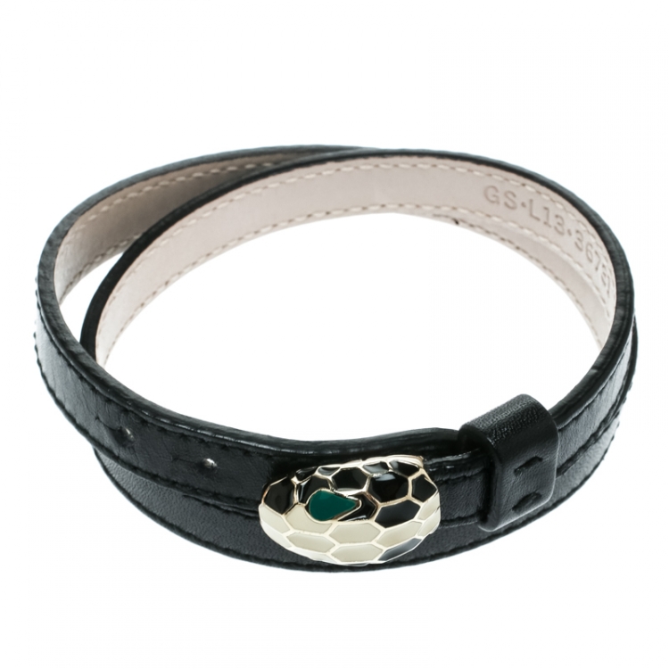 Pre Owned Bvlgari Serpenti Forever Black Enamel Double Coiled Leather Gold Plated Bracelet