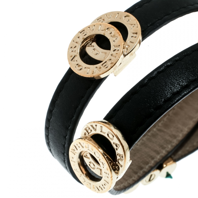 Pre Owned Bvlgari Black Leather Gold Tone Double Coiled Wrap Bracelet
