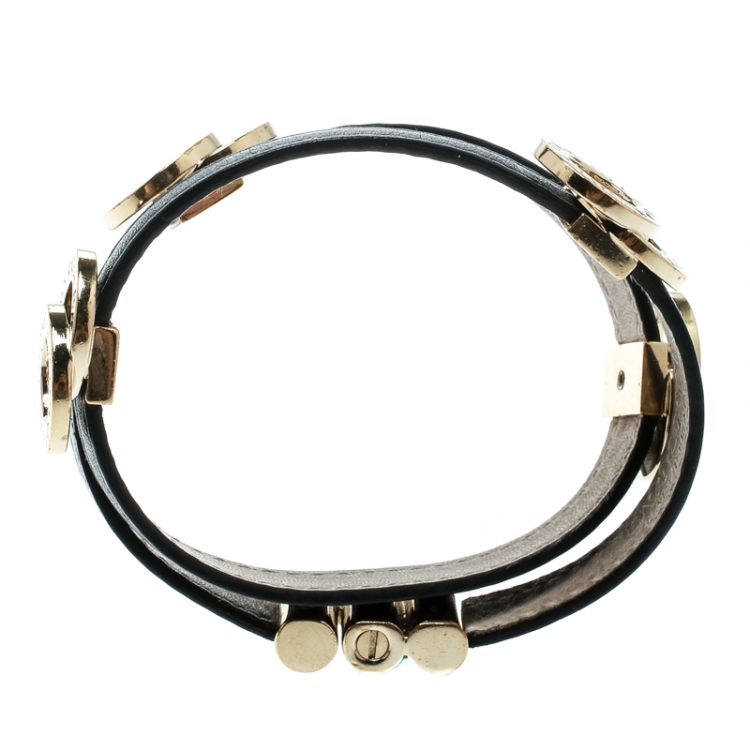 Pre Owned Bvlgari Black Leather Gold Tone Double Coiled Wrap Bracelet