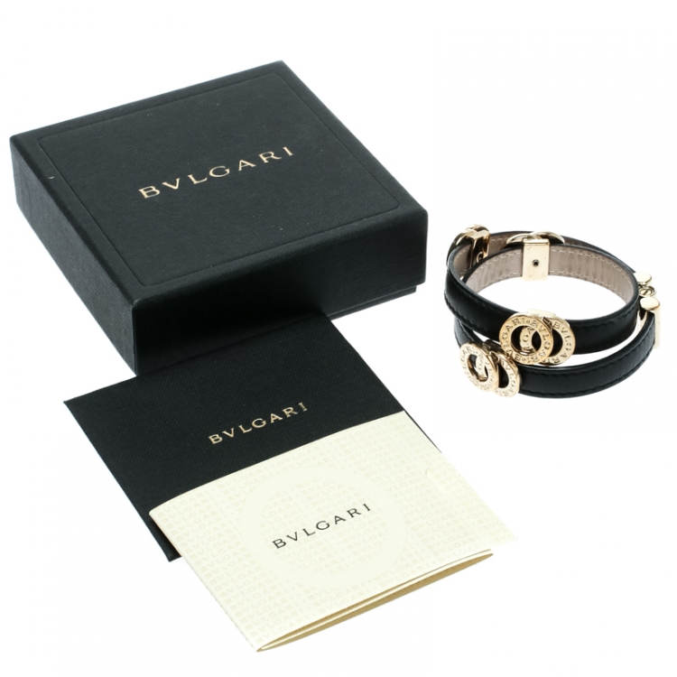 Pre Owned Bvlgari Black Leather Gold Tone Double Coiled Wrap Bracelet