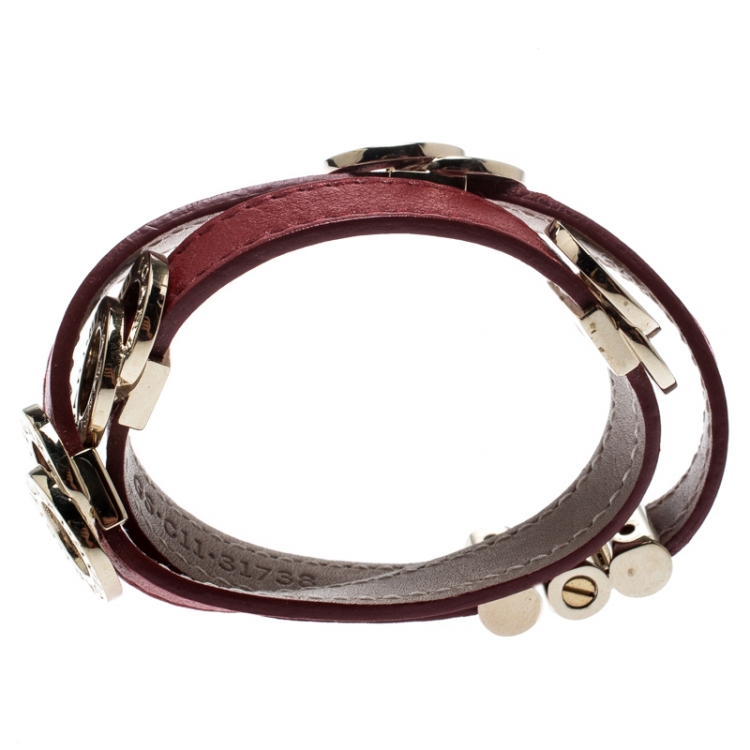 Pre Owned Bvlgari Bvlgari Red Leather Gold Plated Double Coiled Bracelet 15cm