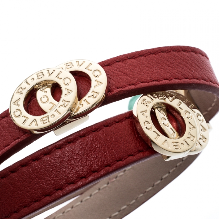 Pre Owned Bvlgari Bvlgari Red Leather Gold Plated Double Coiled Bracelet 15cm