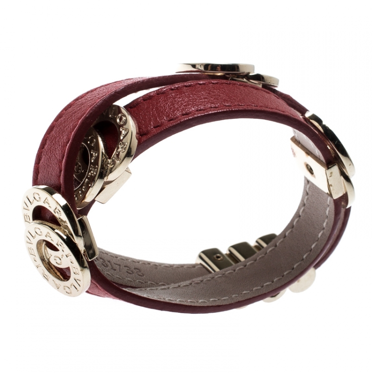 Pre Owned Bvlgari Bvlgari Red Leather Gold Plated Double Coiled Bracelet 15cm