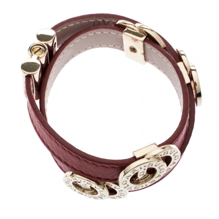 Pre Owned Bvlgari Bvlgari Red Leather Gold Plated Double Coiled Bracelet 15cm