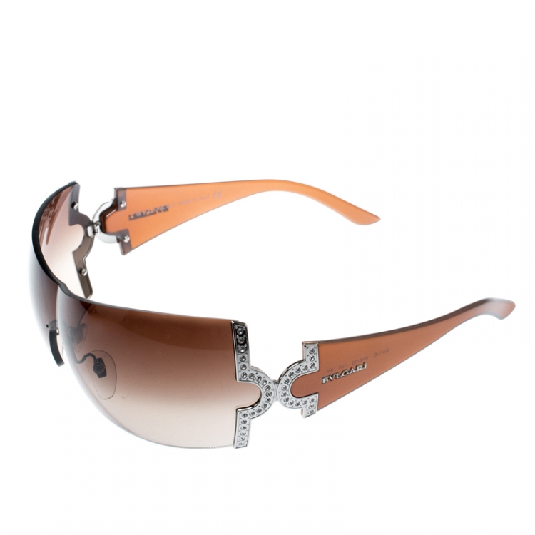 Pre Owned Bvlgari Brown Gradient 651-B Crystal Embellished Shield Sunglasses