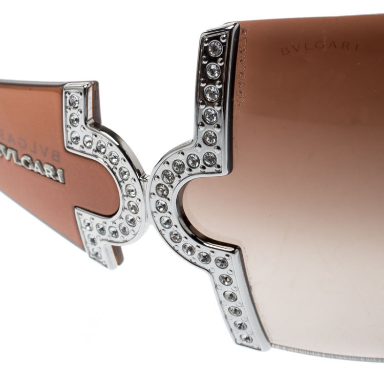 Pre Owned Bvlgari Brown Gradient 651-B Crystal Embellished Shield Sunglasses