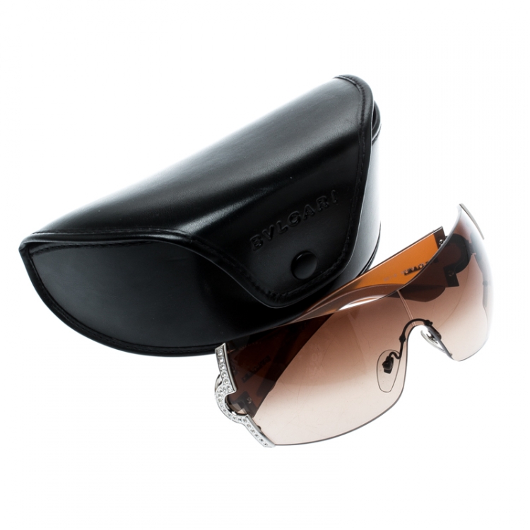 Pre Owned Bvlgari Brown Gradient 651-B Crystal Embellished Shield Sunglasses