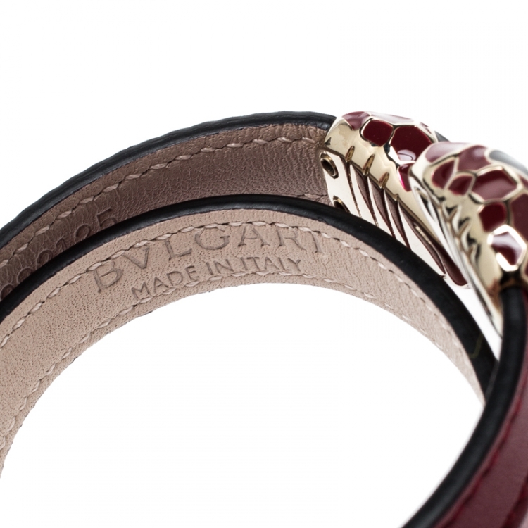 Pre Owned Bvlgari Serpenti Forever Enamel Deep Red Double Coiled Leather Gold Plated Bracelet 15 cm