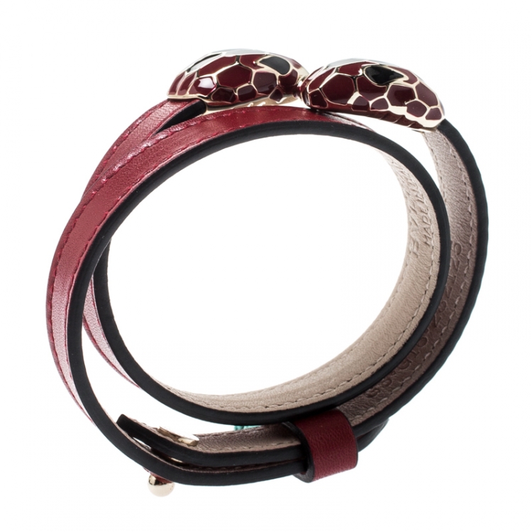 Pre Owned Bvlgari Serpenti Forever Enamel Deep Red Double Coiled Leather Gold Plated Bracelet 15 cm
