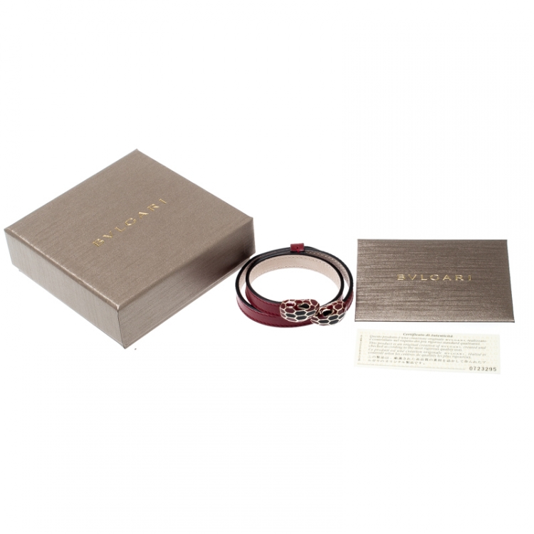 Pre Owned Bvlgari Serpenti Forever Enamel Deep Red Double Coiled Leather Gold Plated Bracelet 15 cm