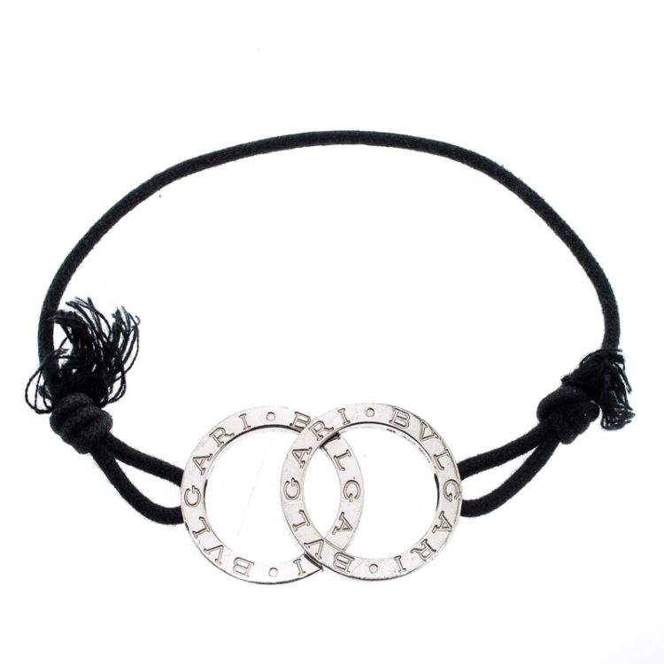 Pre Owned Bvlgari Fortuna Interlocking Circles Silver Black Cord Bracelet