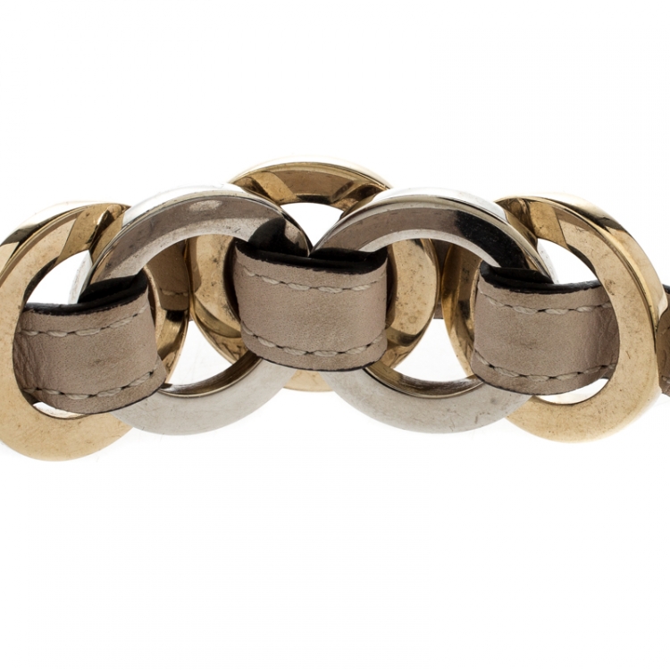 Pre Owned Bvlgari Two Tone Interlocking Circles Black Leather Bracelet