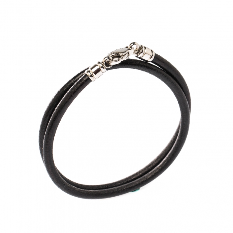 Pre Owned Bvlgari Black Leather Silver Tone Cord Necklace