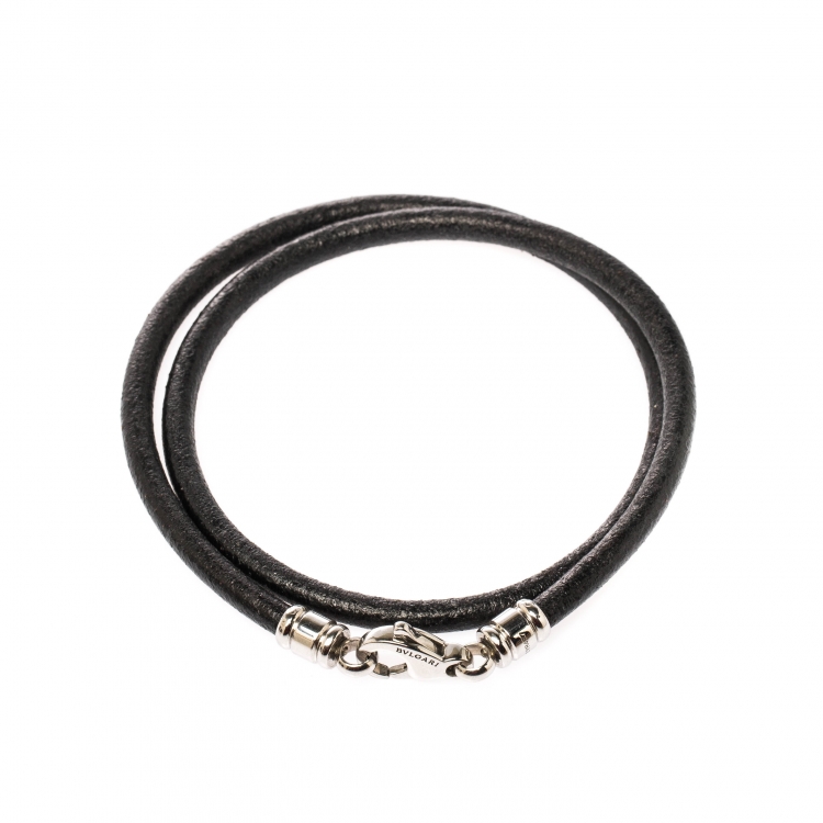 Pre Owned Bvlgari Black Leather Silver Tone Cord Necklace