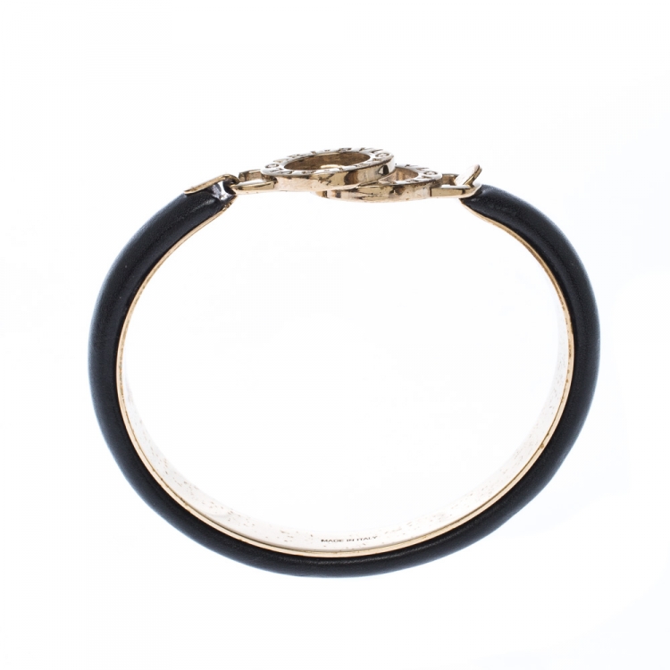 Pre Owned Bvlgari Bvlgari Black Leather Gold Tone Bangle Bracelet 17cm