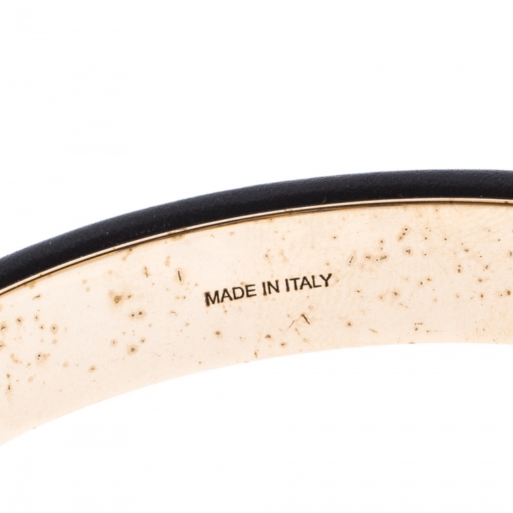 Pre Owned Bvlgari Bvlgari Black Leather Gold Tone Bangle Bracelet 17cm