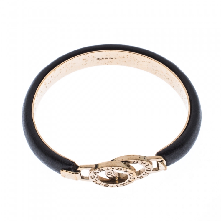 Pre Owned Bvlgari Bvlgari Black Leather Gold Tone Bangle Bracelet 17cm