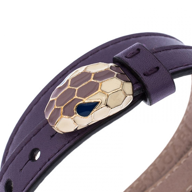 Pre Owned Bvlgari Serpenti Forever Enamel Purple Double Coiled Leather Gold Plated Bracelet