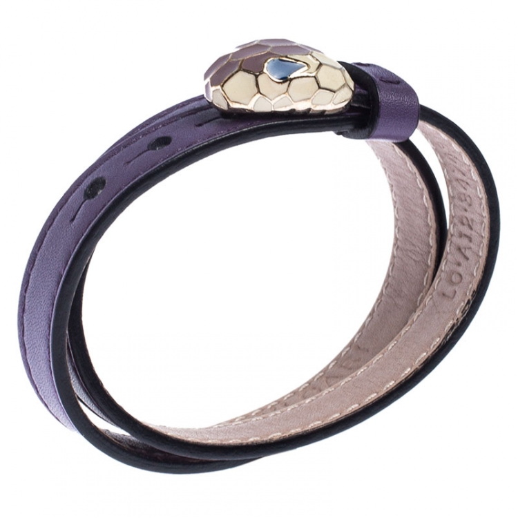 Pre Owned Bvlgari Serpenti Forever Enamel Purple Double Coiled Leather Gold Plated Bracelet