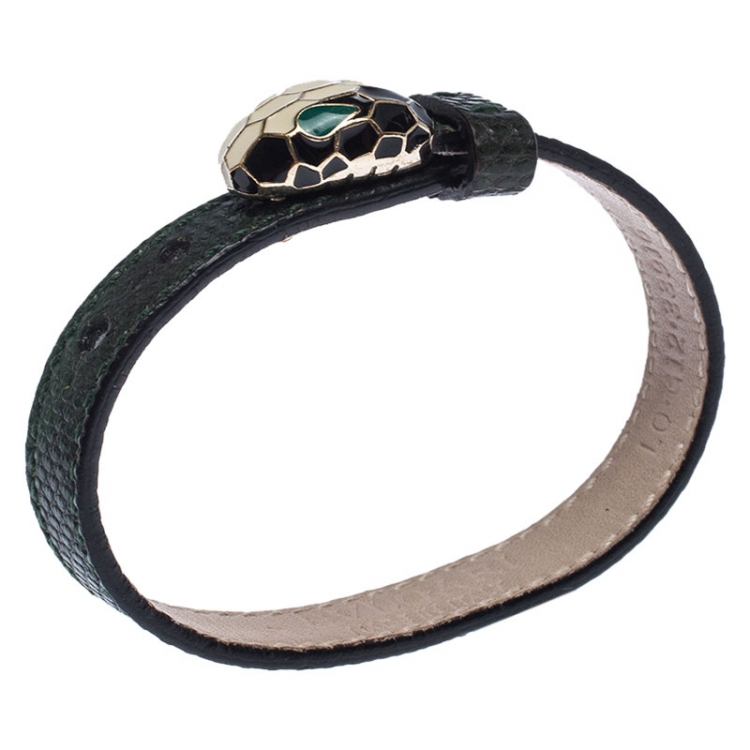Pre Owned Bvlgari Serpenti Green Karung Leather Enamel Bracelet 