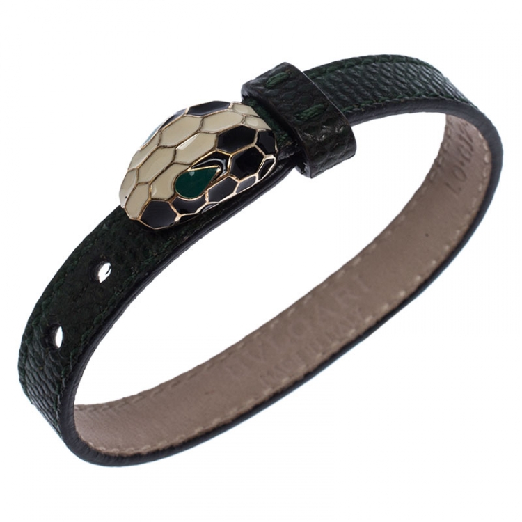 Pre Owned Bvlgari Serpenti Green Karung Leather Enamel Bracelet 