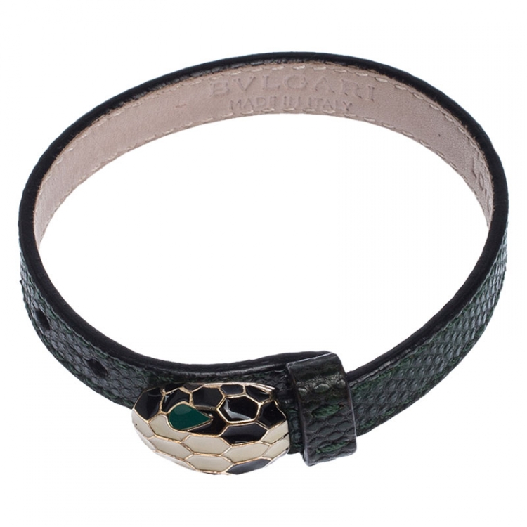 Pre Owned Bvlgari Serpenti Green Karung Leather Enamel Bracelet 